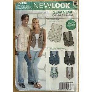 New Look Sewing Pattern A6036 Unisex Vest Size 6-16‎ / XS-XL Uncut FF